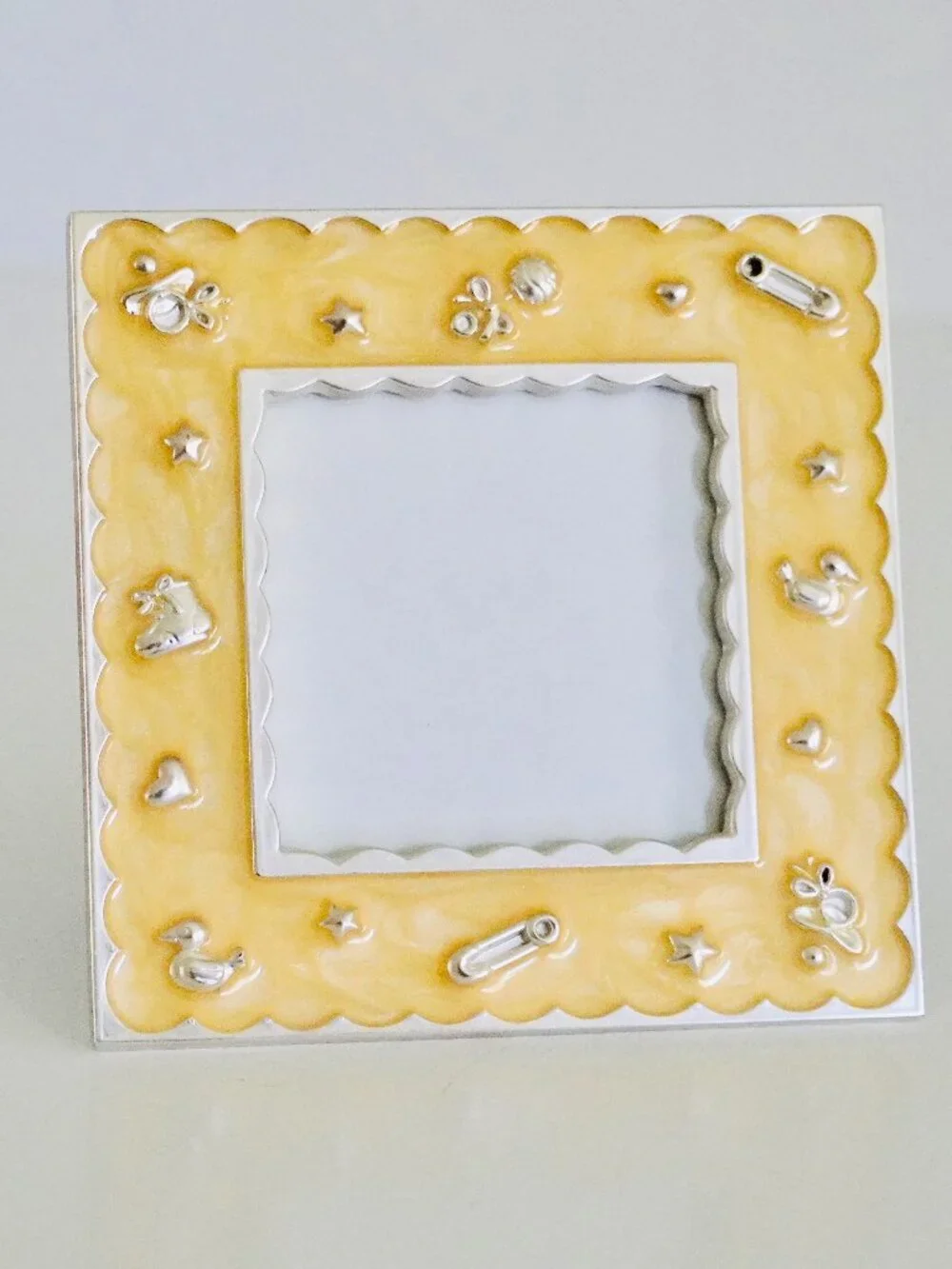 Unisex Baby Picture Frame Yellow Enamel with Scalloped Edges & Silver Details